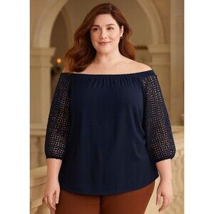 Talbots Plus Women's Size X Navy Blue Blouse Crochet Gothic  Laced 3/4 Sleeves